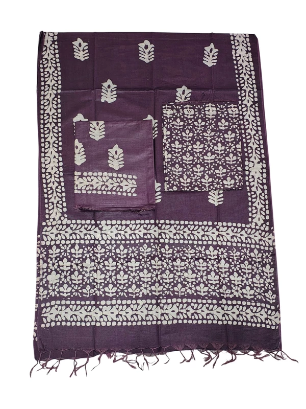 Brown Unstitched Batik Print Katan Silk Salwar Suit Dress Material with Dupatta