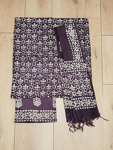 Brown Unstitched Batik Print Katan Silk Salwar Suit Dress Material with Dupatta