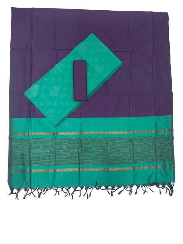 Teal & Purple Pochampally Ikkat Silk Unstitched Suit Set