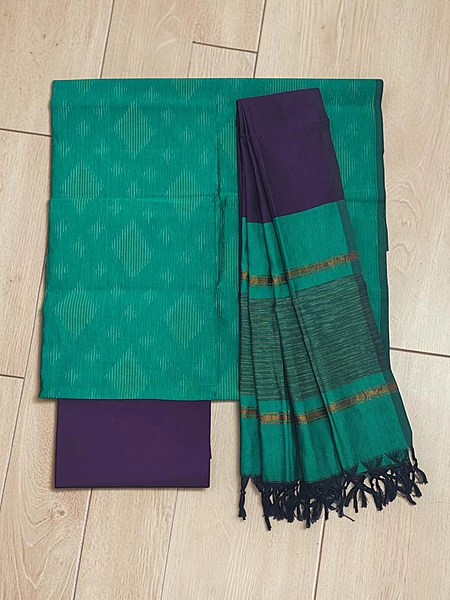 Teal & Purple Pochampally Ikkat Silk Unstitched Suit Set