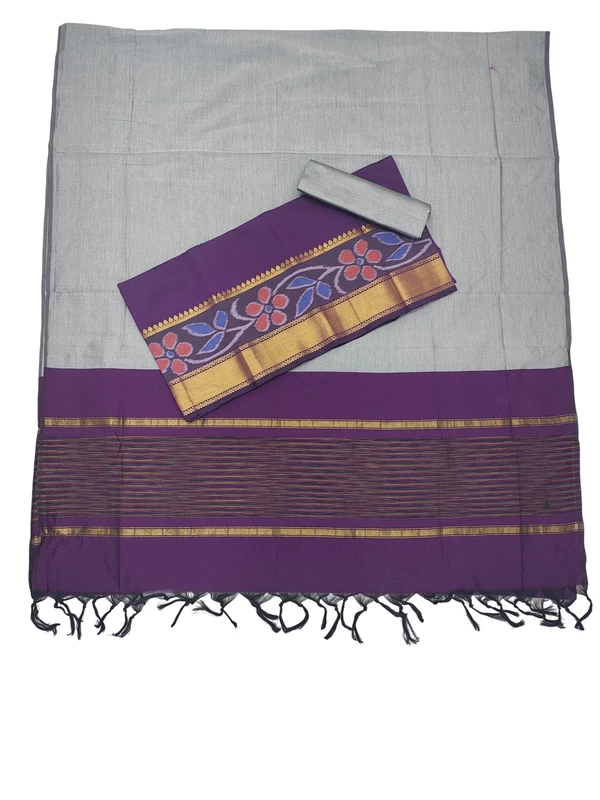 Dark Purple & Beige Pochampally Ikkat Silk Dress Material with Dupatta
