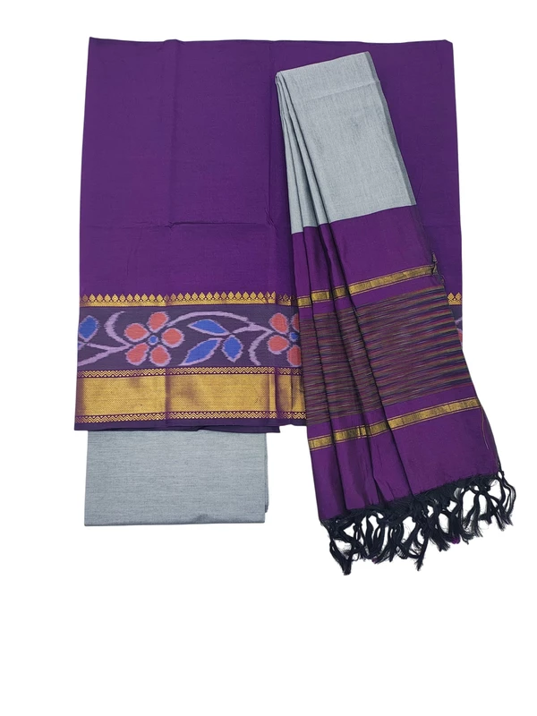 Dark Purple & Beige Pochampally Ikkat Silk Dress Material with Dupatta