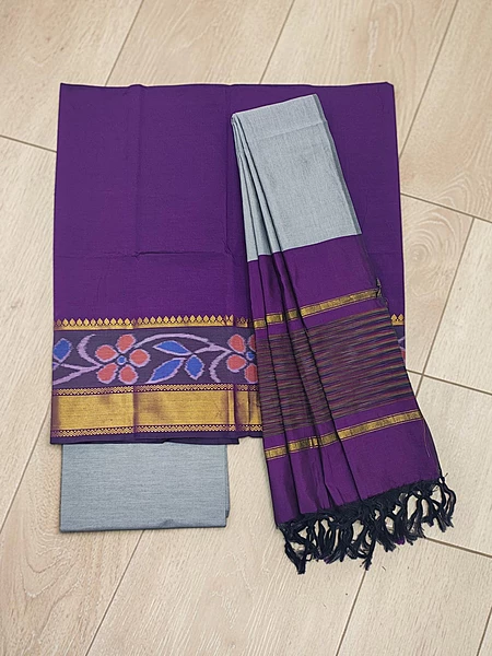 Dark Purple & Beige Pochampally Ikkat Silk Dress Material with Dupatta