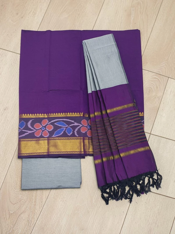 Dark Purple & Beige Pochampally Ikkat Silk Dress Material with Dupatta