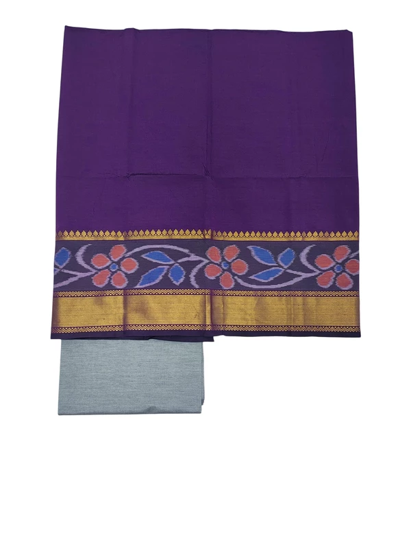 Dark Purple & Beige Pochampally Ikkat Silk Dress Material with Dupatta