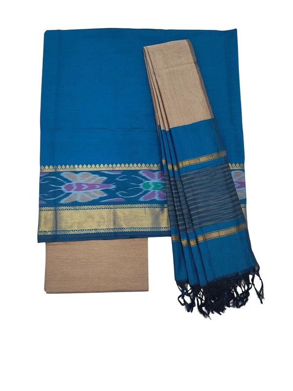 Firoza & Mustard Pochampally Ikkat Silk Unstitched Suit Set