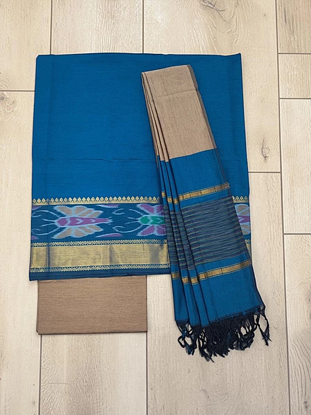 Firoza & Mustard Pochampally Ikkat Silk Unstitched Suit Set