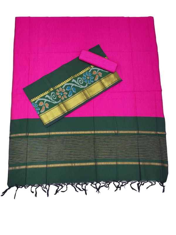 Dark Green & Pink Pochampally Ikkat Silk Unstitched Suit Set
