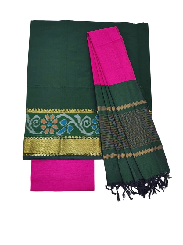 Dark Green & Pink Pochampally Ikkat Silk Unstitched Suit Set