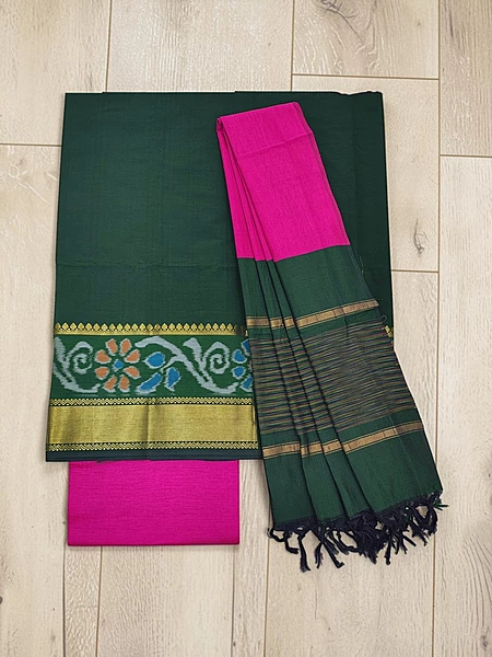 Dark Green & Pink Pochampally Ikkat Silk Unstitched Suit Set