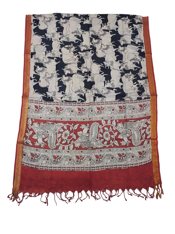 Black Kalamkari Silk With Maroon Nizam Border Dupatta
