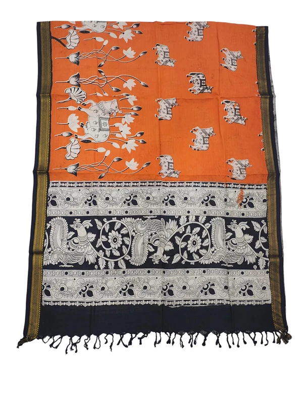 Orange Kalamkari Silk Nizam Border Dupatta