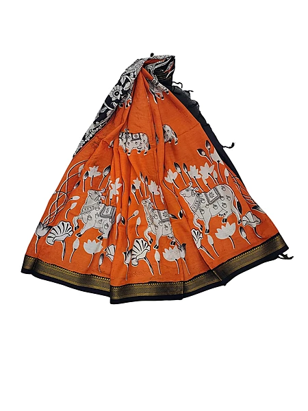 Orange Kalamkari Silk Nizam Border Dupatta