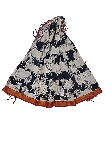 Black Kalamkari Silk With Maroon Nizam Border Dupatta