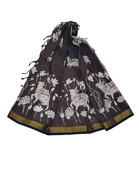 Coffee Brown Kalamkari Silk Nizam Border Dupatta