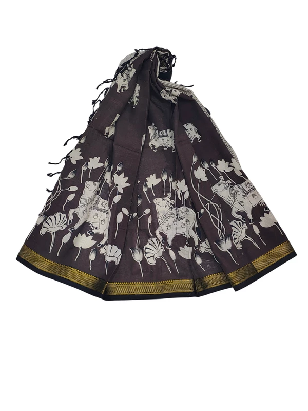 Coffee Brown Kalamkari Silk Nizam Border Dupatta