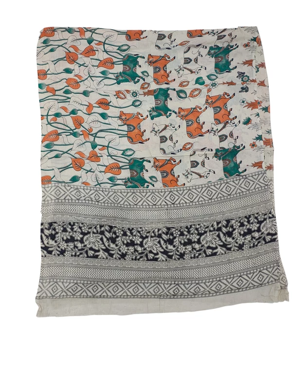 Orange & Green Kalamkari Pure Cotton Dupatta