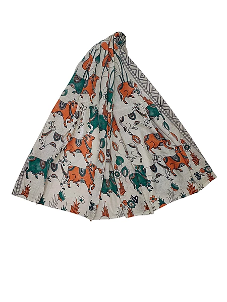 Orange & Green Kalamkari Pure Cotton Dupatta