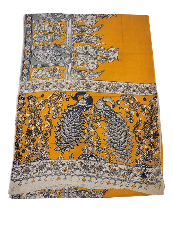Mustard & Maroon Kalamkari Pure Cotton Saree with Unstitched Blouse