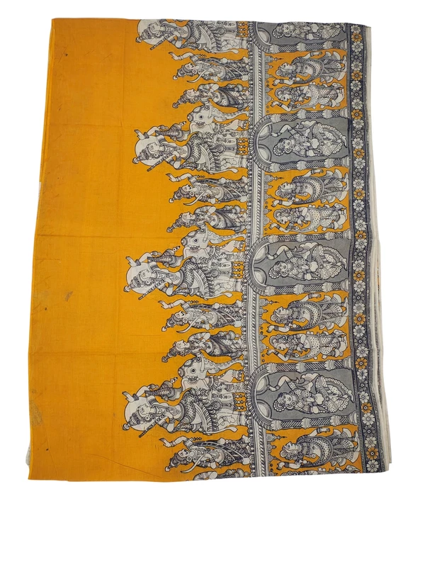 Mustard & Maroon Kalamkari Pure Cotton Saree with Unstitched Blouse