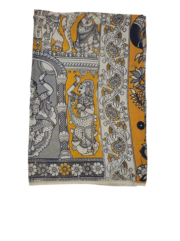 Mustard & Maroon Kalamkari Pure Cotton Saree with Unstitched Blouse