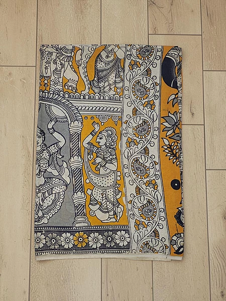 Mustard & Maroon Kalamkari Pure Cotton Saree with Unstitched Blouse