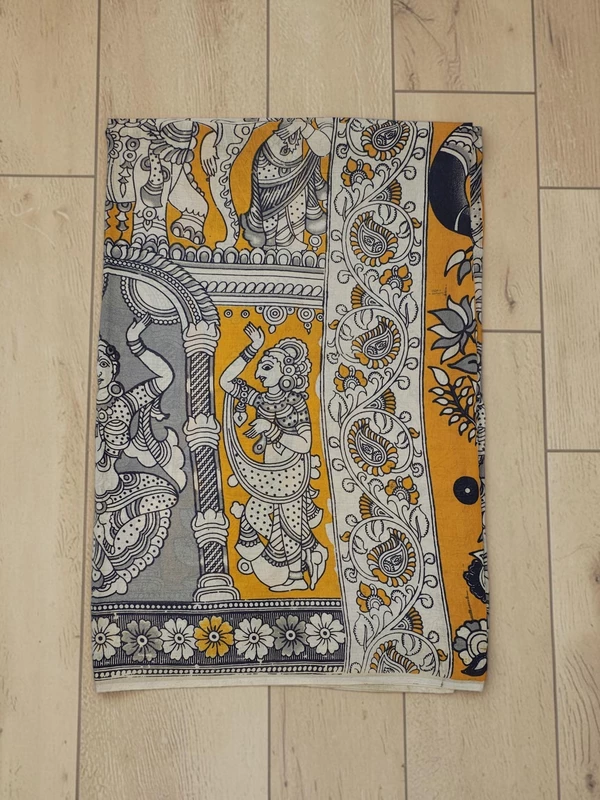 Mustard & Maroon Kalamkari Pure Cotton Saree with Unstitched Blouse