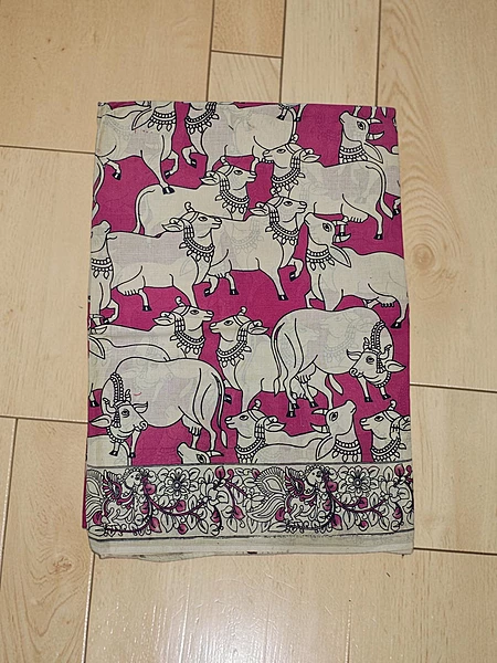 Dark Pink Kalamkari Block Print Pure Cotton Saree with Blouse Piece