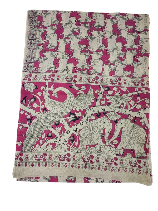 Dark Pink Kalamkari Block Print Pure Cotton Saree with Blouse Piece