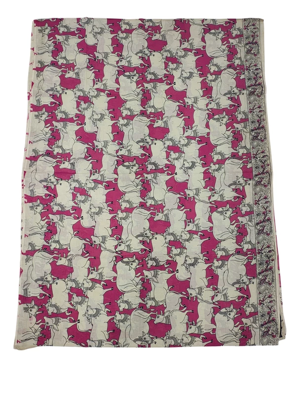 Dark Pink Kalamkari Block Print Pure Cotton Saree with Blouse Piece