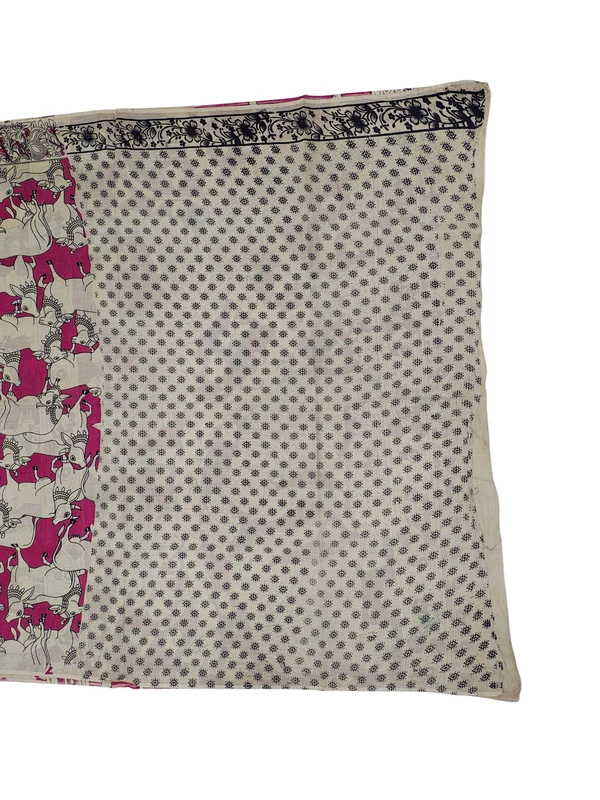 Dark Pink Kalamkari Block Print Pure Cotton Saree with Blouse Piece