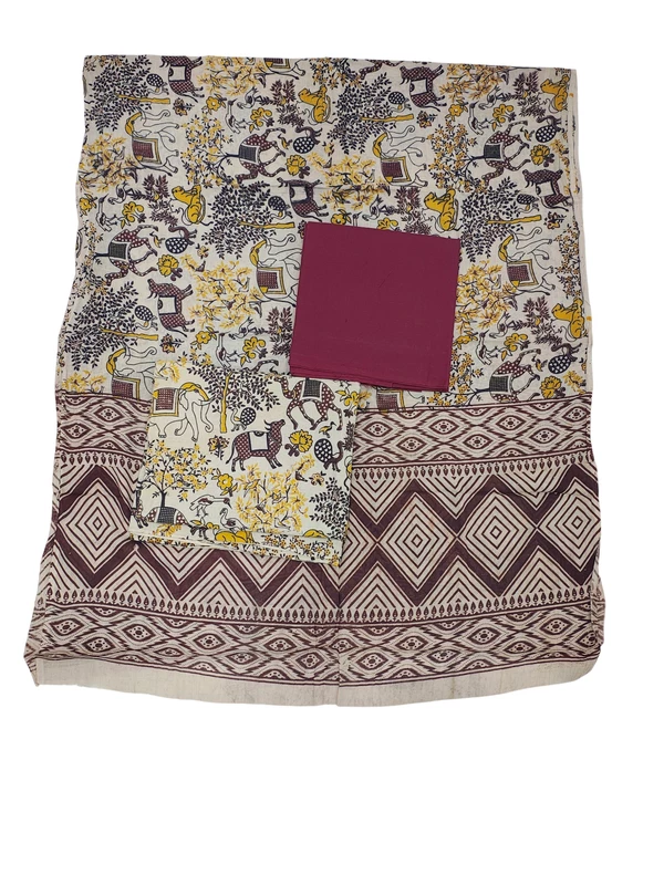 Green & Red Pure Cotton Kalamkari Hand Block Print Dress Materials
