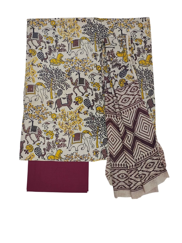 Green & Red Pure Cotton Kalamkari Hand Block Print Dress Materials