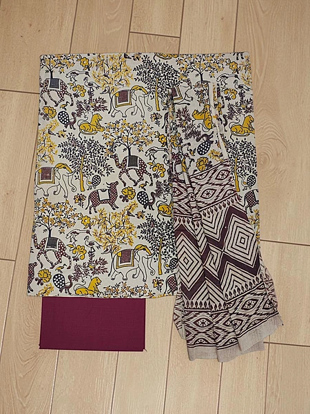 Green & Red Pure Cotton Kalamkari Hand Block Print Dress Materials