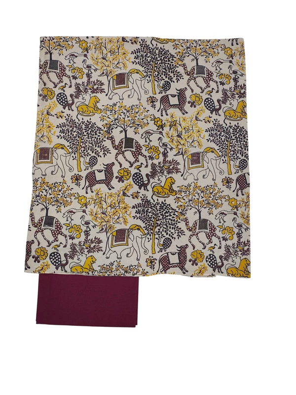 Green & Red Pure Cotton Kalamkari Hand Block Print Dress Materials