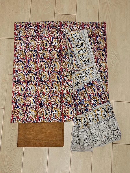 Rust Kalamkari Print Pure Cotton Unstitched Salwar Suit Set