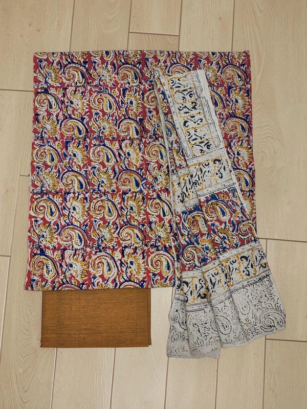 Rust Kalamkari Print Pure Cotton Unstitched Salwar Suit Set