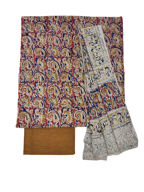 Rust Kalamkari Print Pure Cotton Unstitched Salwar Suit Set