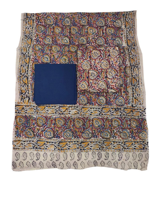Blue Pure Cotton Kalamkari Hand Block Print Unstitched Salwar Suit Set