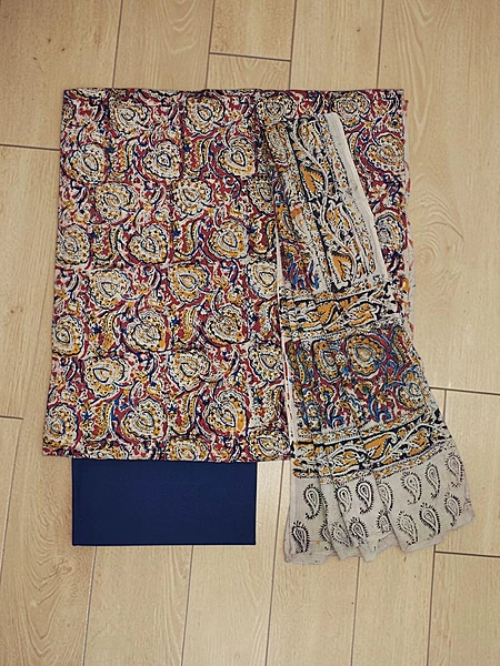 Blue Pure Cotton Kalamkari Hand Block Print Unstitched Salwar Suit Set