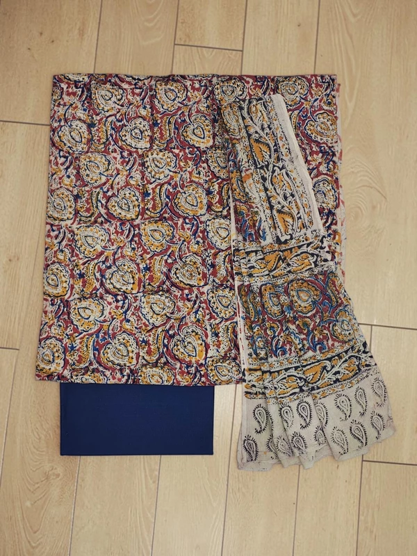 Blue Pure Cotton Kalamkari Hand Block Print Unstitched Salwar Suit Set