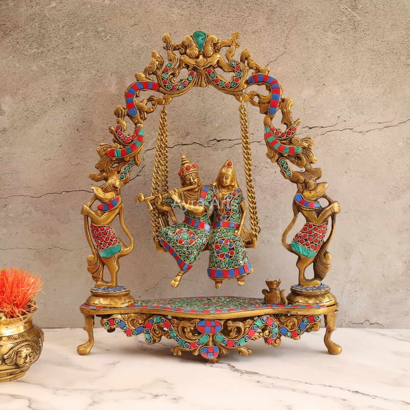 Serene Radha Krishna Swing With Stone Work in Brass - 18 Inch Height