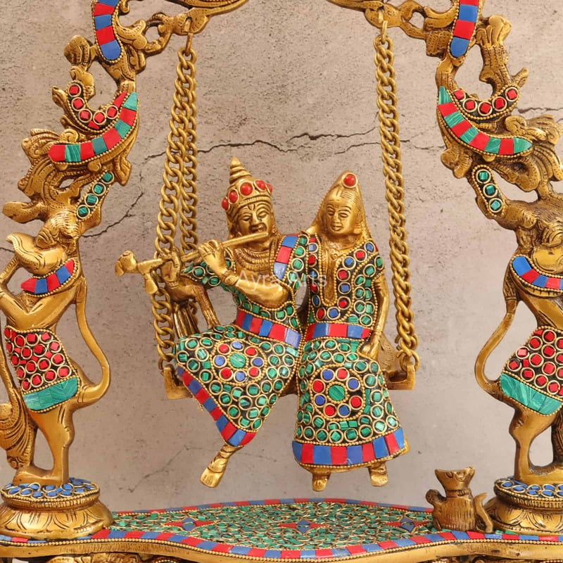 Serene Radha Krishna Swing With Stone Work in Brass - 18 Inch Height