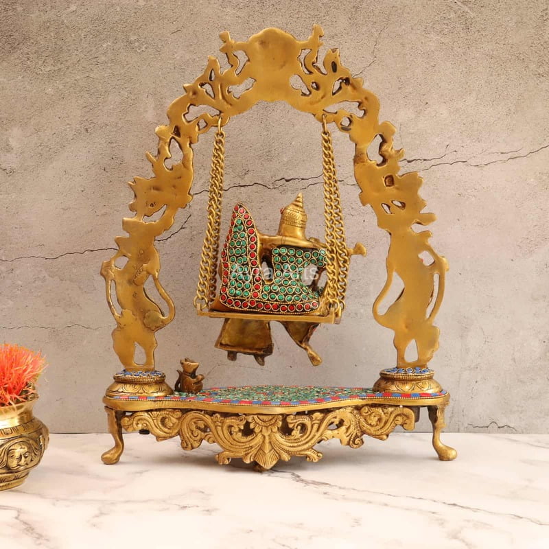 Serene Radha Krishna Swing With Stone Work in Brass - 18 Inch Height
