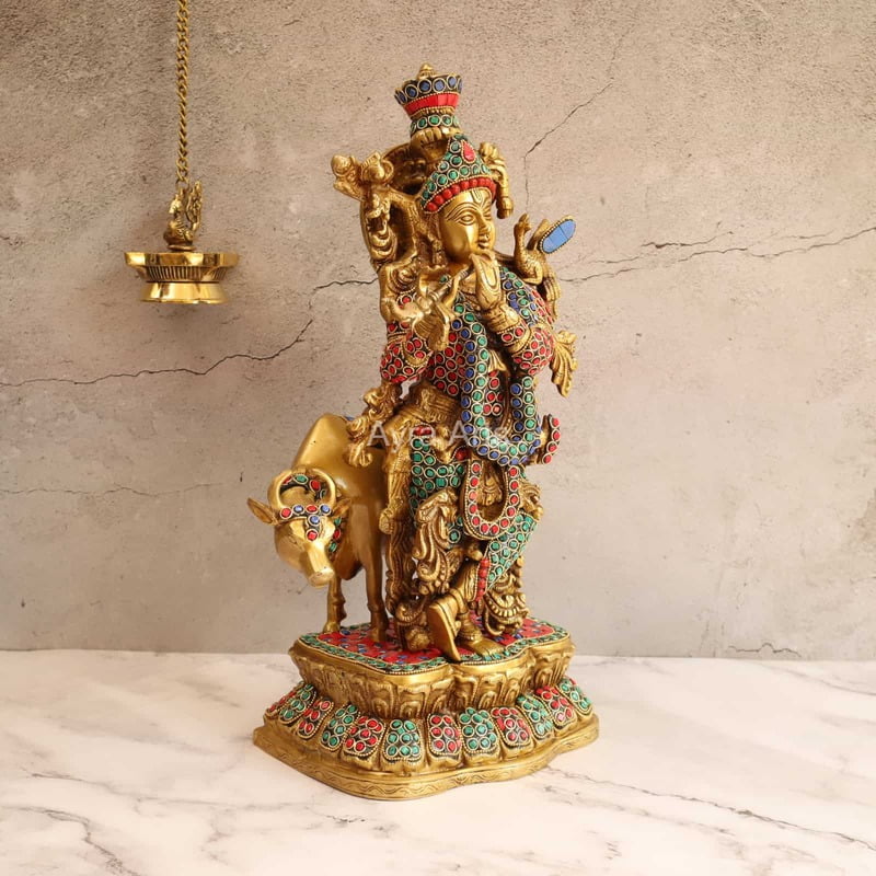 Divine Cow Krishna Stone Work in Brass - 17 Inch Height