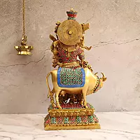 Divine Cow Krishna Stone Work in Brass - 17 Inch Height