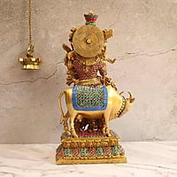 Divine Cow Krishna Stone Work in Brass - 17 Inch Height