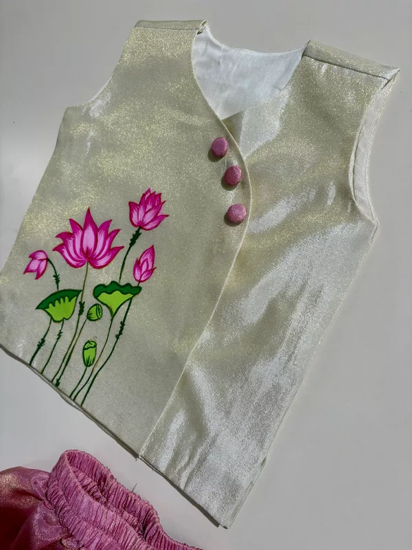 Blush Ivory Sleeveless Lotus Handpainted tissue silk dhoti set
