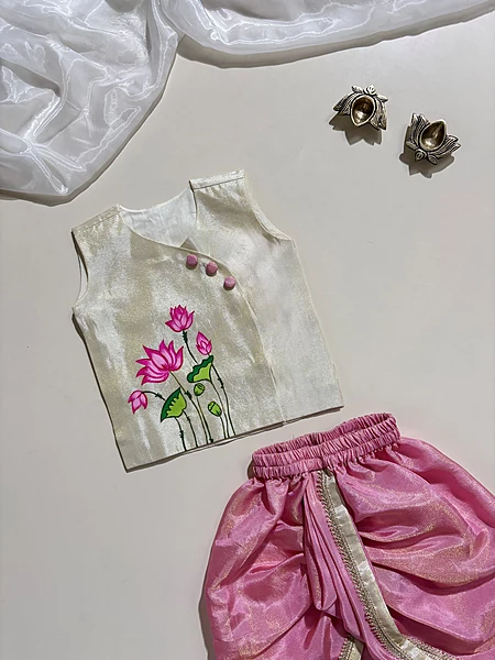 Blush Ivory Sleeveless Lotus Handpainted tissue silk dhoti set