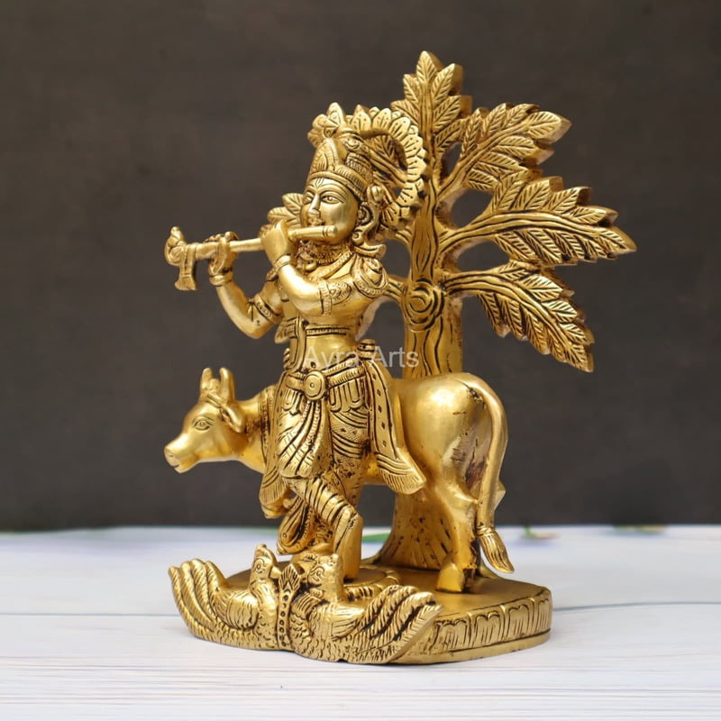 Brass Cow Krishna With Tree 9 Inch Height
